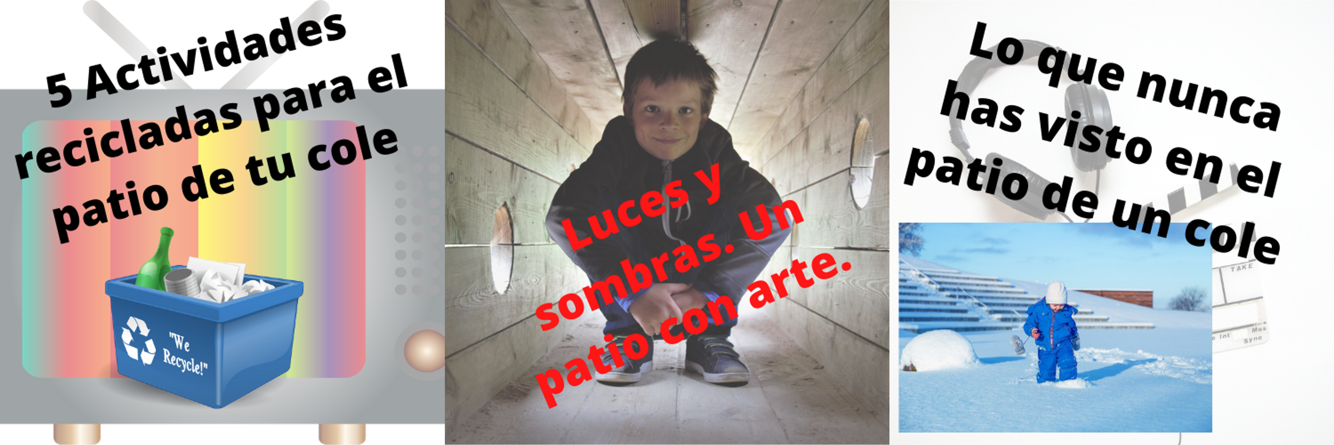Fotografía de un contenedor de residuos; de un niño en un túnel; de un niño en un patio nevado